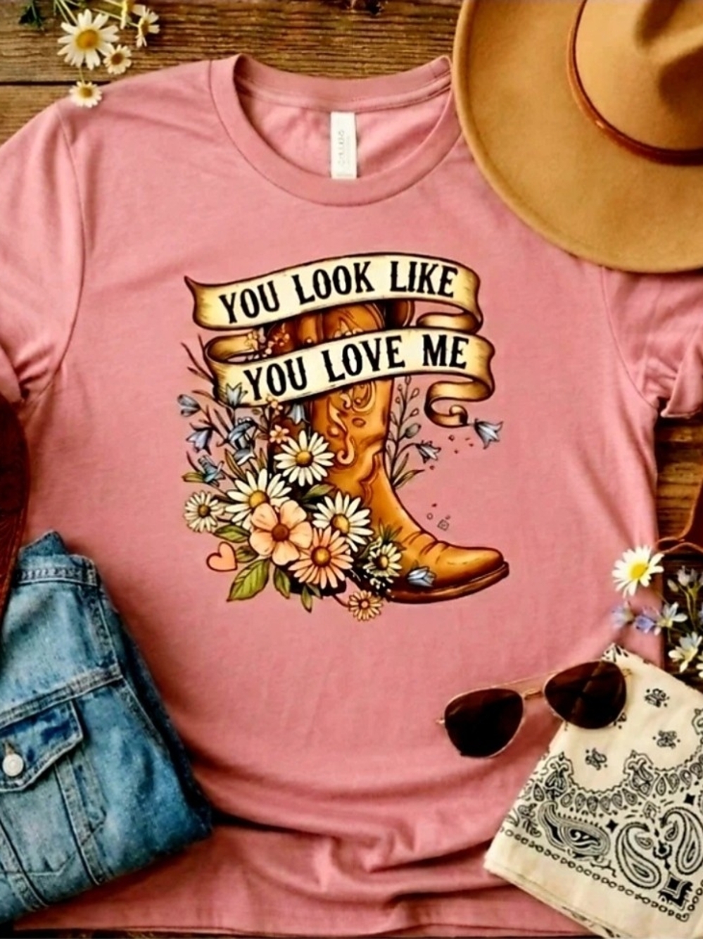 Cowboy Boot Wildflower Tee • “You Look Like You Love Me” Western Graphic Shirt